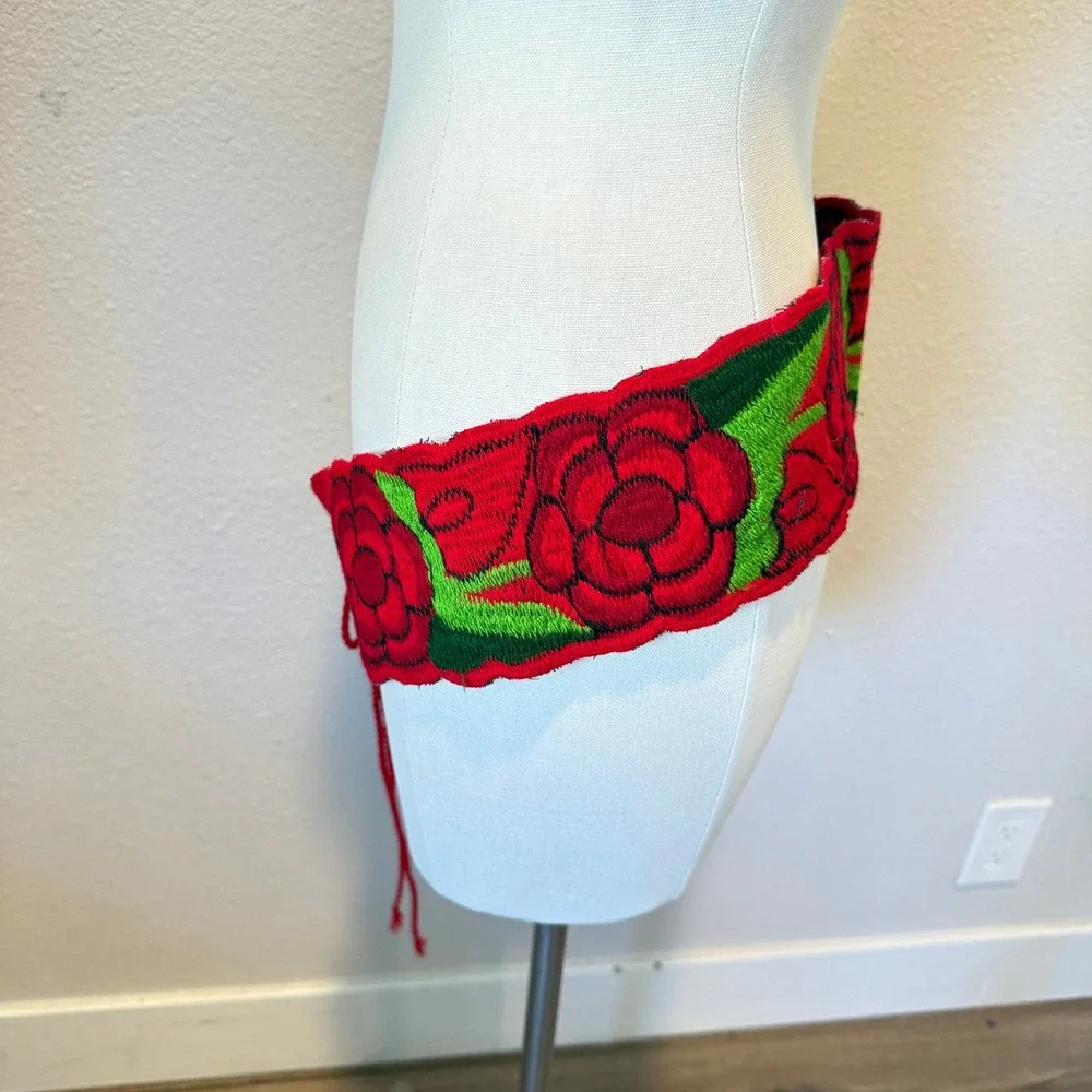 Red Floral Embroidered Sash Belt Wide Scalloped Rose Waist Tie Boho Folk